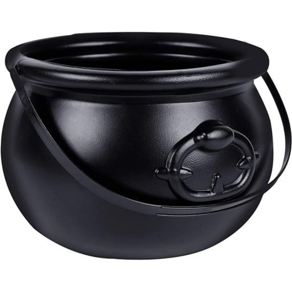 Halloween Large Cauldron, 7.4" Black Plastic Witch Pot with Handle, Vintage